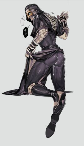 1boy against_wall amykem armor armored_male ass black_armor black_body black_skin blush blush_lines bodily_fluids cum cum_in_ass cum_leaking_out_of_anus deneb_(kamen_rider) green_armor green_eyes hand_on_wall hi_res imagin kamen_rider kamen_rider_den-o_(series) lifting_robe male male_focus male_only on_knees revealing_ass robe solo sweat sweatdrop