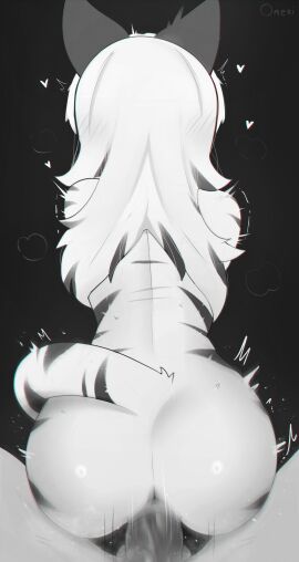 anthro anus ass biped black_stripes duo felid feline female fur hi_res male mammal nua_(omeki) omeki penetration penile penile_penetration penis pussy rear_view stripes vaginal_penetration white_body white_fur