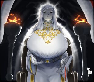 1girls bible_(object) big_breasts breasts choday clothed_female detailed_background female genderswap_(mtf) gloves huge_breasts king_baldwin_iv kingdom_of_heaven mask nun robe rule_63 white_gloves white_robe