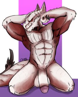 abs anthro baldur's_gate baldur's_gate_3 balls dragon dragonborn_(dnd) dungeons_and_dragons genitals half-erect hasbro hi_res humanoid_genitalia k kneeling lorens_j male male_only muscular mythological_creature mythological_scalie mythology pecs penis pinup pose presenting presenting_penis raised_arm scalie solo the_dark_urge_(baldur's_gate) wizards_of_the_coast