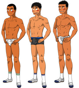 10s 2010 3boys black_hair blush blush_lines boxers briefs bulge buzz_cut erect_penis erection fundoshi gay male male_only muscular nipples original penis shoes simple_background skinny socks spiky_hair tagme taku_hiraku underwear white_background white_briefs young