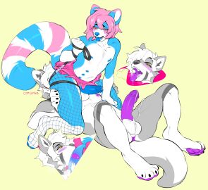 ailurid anal anthro anus balls blue_body blue_penis blush bottomwear canid canine canis catzino clothing collar deep_rimming duo facesitting femboy fishnet_clothing fishnet_leggings fishnet_legwear gay gay_male genitals grey_body hi_res humanoid_genitalia humanoid_penis jinn_(jinnexx) leash leash_pull leashed_collar leggings legwear lying male male/male male_rimming_male mammal miniskirt nipples on_back open_mouth oral penis pink_body pink_eyes purple_penis red_panda rimming rimming_male sex simple_background sitting_on_another skirt tongue tongue_out white_body wolf yaoi yellow_background yellow_eyes
