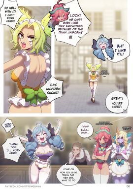 1boy 4girls alternate_costume arguing ass big_ass big_breasts blonde_hair blue_eyes blue_hair blush breasts cafe_cutie_gwen cafe_cutie_sivir cafe_cutie_soraka cafe_cuties_series celestial_(league_of_legends) cleavage comic comic_page comic_panel drill_hair female green_hair gwen_(league_of_legends) happy large_breasts league_of_legends light-skinned_female light_skin maid maid_outfit maid_uniform male page_6 page_number pale-skinned_female pale_skin pink_eyes pink_hair purple_skin purple_skinned_female ribbon_in_hair riot_games sivir soraka strongbana tan_skin tan_skinned_female text tight_clothing two-tone_hair uniform watermark zeri_(league_of_legends)