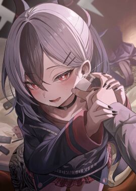 1girls 1other ambiguous_gender black_and_white_hair black_hair blue_archive blush choker female female_focus gehenna_academy_student halo hoodie horns instrument kayoko_(blue_archive) light-skinned_female light_skin long_hair looking_at_partner looking_at_viewer miyabino_(miyabi1616) nervous nervous_smile nervous_sweat pierced_ears piercing piercings point_of_view ponytail problem_solver_68_(blue_archive) red_eyes sensei_(blue_archive) short_skirt skirt smile smiling smiling_at_viewer sweat sweating tagme trusting white_hair