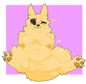 absurd_res anthro belly big_eyes black_eyes black_nose breasts darkoh female fluffy fluffy_tail front_view genitals gourmand_(rain_world) happy hi_res looking_at_viewer navel overweight overweight_female paws rain_world slugcat solo tail videocult vulva yellow_body
