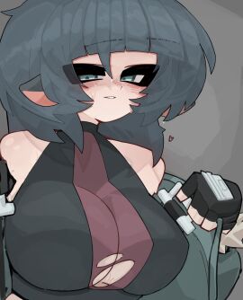 big_breasts blush boob_window breasts dark_hair female grey_hair jane_doe_(zenless_zone_zero) looking_at_viewer maretenho short_hair solo solo_female sweat sweatdrop sweaty_breasts torn_clothes zenless_zone_zero