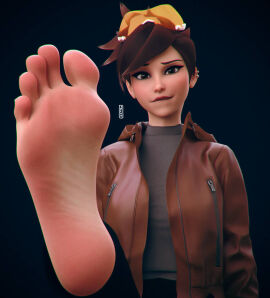 1girls 3d big_feet biting_lip cute fcat featherycat feet female female_focus female_only foot foot_fetish foot_focus light-skinned_female light_skin looking_at_viewer overwatch seductive simple_background smirk smug soles solo solo_female solo_focus tagme toes tracer