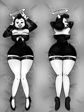 2024 2d 2d_(artwork) 2d_artwork alice_angel beanontoast bendy_and_the_ink_machine big_breasts black_dress black_hair breasts female halo high_heels horns love_pillow pillow pinup_pose thick_hips thick_thighs white_body