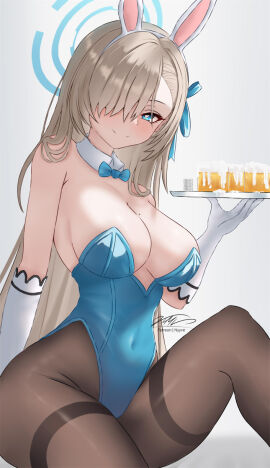 1girls asuna_(blue_archive) beer big_breasts blonde_hair blue_archive blue_eyes breasts bunny_ears bunnysuit detached_collar detached_sleeves female hair_over_one_eye holding_object large_breasts leotard light-skinned_female light_skin long_hair looking_at_viewer mole mole_on_breast navel_visible_through_clothes nyyve pantyhose sitting solo_focus very_long_hair
