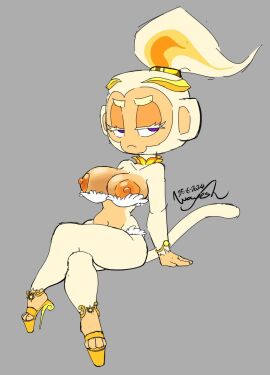 1girls adora_(bloons_tower_defense) anthro bloons_tower_defense breasts crossed_legs female female_only haplorhine high_heels monkey monkey_girl naked_footwear nipples primate simple_background sitting solo wayesh