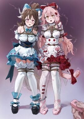 a_tea absurdres arknights bare_shoulders bondage bound breasts brown_eyes brown_hair chained chains collar controller dress egg_vibrator eyjafjalla_(arknights) female goldenglow_(arknights) highres holding holding_remote_control long_hair mary_janes medium_breasts pink_eyes pink_hair remote_control remote_control_vibrator restrained sex_toy shibari_over_clothes shoes short_sleeves tail thighhighs vibrator white_thighhighs