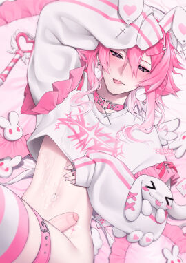 1boy bed bedroom_eyes beret blush bunny_ears bunny_tail choker clothed condom_wrapper cropped_sweater crossdressing cum cum_on_belly cum_on_body earrings erection femboy feminine_male foreskin heart heart_glasses highres leaking_cum male midriff nail_polish original original_character penis pierced_belly_button pink_background pink_hair plushie pom_pom_earrings purple_eyes scar solo solo_focus solo_male striped_legwear thigh_strap thighhighs tongue tongue_out uncircumcised uncut wings zykzi