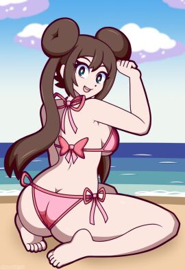 artist_request ass barefoot beach bikini blue_eyes breasts brown_hair day double_bun feet female long_hair looking_at_viewer looking_back mei_(pokemon) ocean open_mouth outdoors pink_bikini rosa_(pokemon) sand side-tie_bikini sideboob smile soles solo source_request swimsuit toes twintails