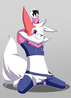 absurd_res ainis anthro balls claws clothing erection eyewear foreskin fur generation_3_pokemon genitals glasses hand_behind_head hi_res hoodie humanoid_genitalia humanoid_penis kneeling legwear looking_at_viewer male markings midriff nintendo one_eye_closed paggi_outfit penis pokemon pokemon_(species) purple_eyes simple_background smile solo stretching tail tights topwear uncircumcised underwear white_body white_fur zangoose