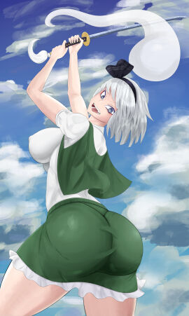 1girls angry ass big_ass big_breasts big_butt blue_eyes breasts cloud female ghost hairband holding_weapon huge_ass huge_butt katana looking_back mictlantot short_hair sky solo solo_female solo_focus sword thick thick_ass touhou white_hair youmu_konpaku