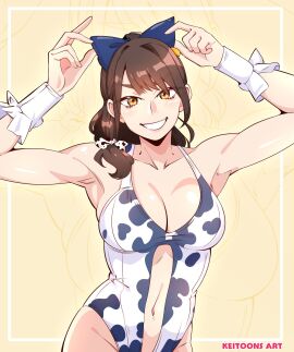 1girls 2d 2d_(artwork) amber_eyes armpits arms_up artist_name breasts brown_eyes brown_hair cleavage clothed clothing cow_print female female_only fully_clothed keitoonsart large_breasts light-skinned_female light_skin looking_at_viewer navel original realistic_breast_size revealing_clothes smile smiling_at_viewer swimsuit teeth yellow_background