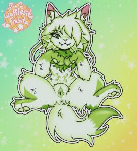 absurd_res animal_genitalia anus cheek_tuft domestic_cat ears_up erect_nipples facial_tuft fangs felid feline felis female feral fluffy fluffy_tail genitals green_body green_eyes hi_res humanoid_genitalia mammal neck_tuft nipple_outline nipples pawpads paws pinup pose sexy_eyes solo tail teeth tuft vulva wafflesita_(artist) white_body ze'lya_(linkzzz)