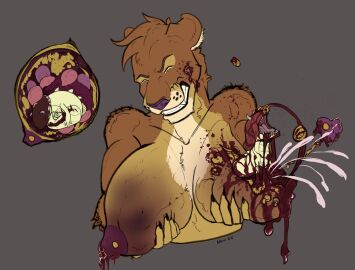 2024 2_horns 3_claws 5_fingers agony alien_(franchise) anthro areola baby back_spines barbell_piercing big_breasts birth blood_on_breasts blood_on_face blood_spray bodily_fluids body_horror breast_bulge breast_destruction breast_focus breast_mutilation breast_pregnancy breast_wound breasts bruised bruised_breast bursting chestburster claws closed_eyes clothed clothing creature_inside cutaway dripping_blood ears_back exposed_breast_tissue exposed_breasts fangs felid feline female fingers glands gore gore_focus grey_background grimace half_body hemorrhage hi_res holding_breast horn huge_breasts imminent_death inside_breasts internal lion mammal milk mutilation necro nipple_barbell nipple_piercing nipples open_mouth pain pantherine parasite piercing pivoted_ears placenta rupture signature simple_background teeth tongue topless topless_female umbilical_cord unusual_anatomy unusual_pregnancy xenomorph