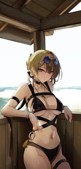 absurdres alternate_costume arm_strap bare_shoulders bikini black_bikini black_choker blonde_hair bracelet breasts choker closed_mouth commentary english_commentary evelyn_chevalier eyewear_on_head female hair_up highres incredibly_absurdres jewelry kanniiepan large_breasts long_ribbon looking_at_viewer mole mole_under_eye navel necklace outdoors purple_eyes ring_hair_ornament round_eyewear solo stomach sunglasses swimsuit thigh_strap thighs underboob water zenless_zone_zero