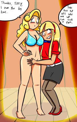 2girls aqua_bikini aqua_bikini_top bikini_top blonde_hair bottomless breasts brittney_(revrookington) covering_crotch covering_pussy female hairband high_heels lipstick long_hair navel pantyhose pussy red_high_heels red_shirt revrookington shirt short_sleeves skirt stage tagme tiffany_(revrookington)