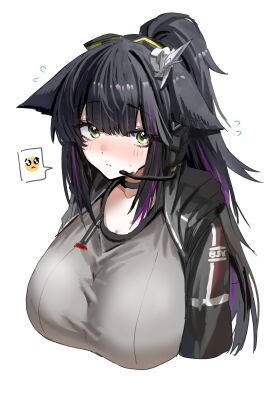 1girls animal_ears arknights black_hair breasts cat_ears cat_girl catgirl ears_down emoji female female_focus female_only green_eyes hair headphones horn/wood huge_breasts jessica_(arknights) jessica_the_liberated_(arknights) light-skinned_female light_skin long_hair looking_at_viewer looking_up messy messy_hair ponytail sadcat_(arknights) shy tagme