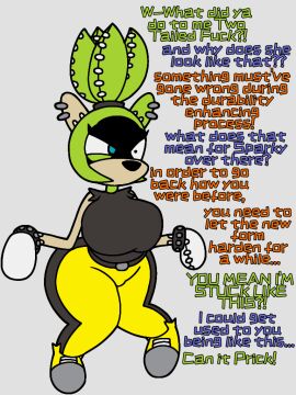 after_transformation angry_face armband artstyle_imitation belt blue_eyes doll dollification earrings female floating green_fur hairband offscreen_character permanent_transformation plushie post-transformation sega solo sonic_(series) sonic_the_hedgehog sonic_the_hedgehog_(series) stitching story surge_the_tenrec tails_doll tails_the_fox tank_top tenrec text transformation yellow_pants yellow_shoes