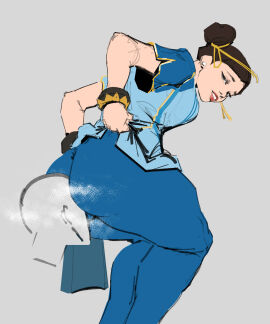 1girls ass ass_focus blue_clothing blue_pants breasts chun-li clothed clothed_female face_in_ass faceless_character faceless_male facesitting female hair_ribbon leftovers light-skinned_female light_skin male medium_breasts musk musk_clouds sitting sitting_on_face sitting_on_person skin smell smelling street_fighter