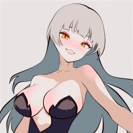 animated big_breasts bouncing_breast bouncing_breasts breasts cleavage female grey_hair jumping leather_clothing long-haired_female makeup milkie_(vtuber) milkievt naughty_face spicyd9x twitter_link twitter_user_oc twitter_username ych