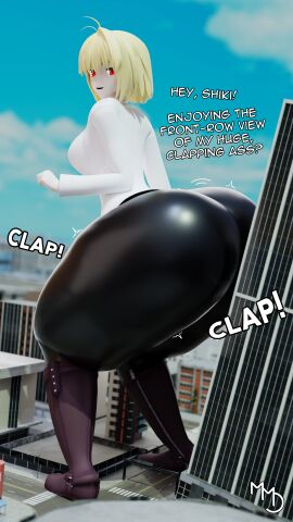 1girls 3d ahoge alternate_ass_size arcueid_brunestud ass ass_expansion big_ass big_breasts big_butt blonde_hair body_growth body_growth_(enlargement) boots bottom_heavy bottomheavy breasts bubble_ass bubble_butt building building_destruction city city_background clapping clapping_cheeks dialogue female female_only giantess grinding growth huge_ass huge_breasts large_ass leaning leaning_forward looking_back macro macro_female melty_blood mmdelight pantyhose plump red_eyes smile thick_thighs tsukihime tsukihime_(remake) twerking type-moon vampire vampire_girl