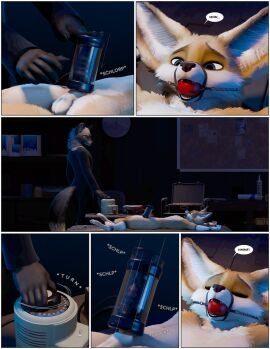 2024 3d_(artwork) animal_genitalia animal_penis anthro ash_(ruaidri) ball_gag balls big_ears blue_eyes bound canid canine canine_genitalia canine_penis canis clothed clothed/nude clothing comic countershading detailed_background digital_media_(artwork) digitigrade duo english_text erection feet_tied fennec_fox fox fur gag genitals grey_body grey_fur hands_tied knot kyle_(ruaidri) lying male male/male mammal moan motion_lines navel nude on_back onomatopoeia penile penis penis_milking penis_milking_machine ruaidri sheath sound_effects spread_eagle text true_fox white_body white_countershading wolf yellow_body yellow_fur