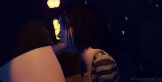 1boy 1girls 2023 alice_(madness_returns) alice_in_wonderland alice_liddell alice_madness_returns alley animated black_clothing black_hair black_shirt blowjob breasts deepthroat fellatio female green_eyes grey_clothing hi_res male male/female mrstranger penis short_hair side_view sound striped tagme video