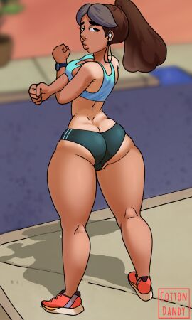 1girls alternate_version_available armwear black_eyes bottomwear breasts brown_hair cottondandy earbuds female female_only footwear hair hips legs looking_back mature mature_female milf mother ponytail priyanka_maheswaran shoes short_shorts solo solo_female sports_bra sports_uniform sportswear steven_universe stretching thighs topwear watch wide_hips