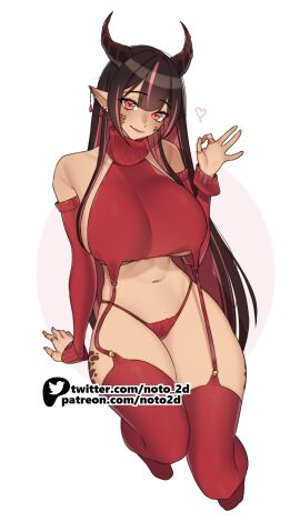 1girls belly_button breasts clothed clothing ear_piercings earring female female_only hani_(hanichuuu) horns huge_breasts indie_virtual_youtuber looking_at_viewer noto_2d piercings pointy_ears red_eyes sideboob smile solo sweater tan-skinned_female tan_skin tiefling_girl underboob virgin_destroyer_sweater virtual_youtuber