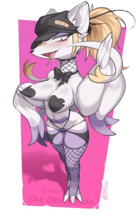 2d anthro bandaid barely_clothed blonde_hair blush bowtie breasts covered_nipples english_text eyeshadow female female_focus female_only fishnets furry humanized humanoid large_breasts lingerie looking_at_viewer mienshao multicolored_body nintendo nipple_bulge pasties pokemon pokemon_(species) pulling_nipples pulling_panties saliva simple_background slender_body text thighhighs tongue wea zinfyu