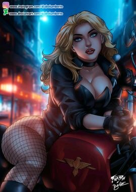 1girls 2024 artist_signature black_canary black_clothing black_gloves black_jacket blonde-haired_female blonde_female blonde_hair blue_eyes blurry_background cedric_humbert cleavage dc dc_comics deviantart deviantart_link eyebrows female female_only fishnet fishnets fred_benes gloves green_arrow_(series) heroine jacket justice_league justice_league_unlimited light-skinned_female light_skin metahuman motorcycle red_lips red_lipstick signature solo solo_female strapless_leotard superheroine text thick_lips thick_thighs
