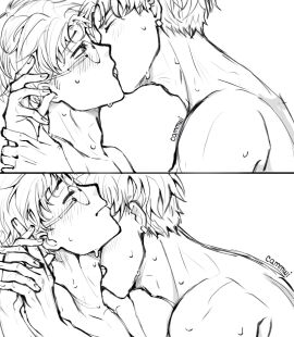 2boys dandadan gay holding_hands jin_enjoji kissing male male_only multiple_boys multiple_males takakura_ken_(okarun) yaoi