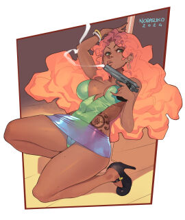 1girls art_trade artist_name chrys_(florescentcolo2) dark-skinned_female dark_skin female female_only green_eyes handgun heels leaning_on_pole leotard long_hair looking_at_viewer miniskirt norasuko orange_hair original original_character panties pole red_hair smoking_gun solo two-tone_hair very_high_resolution