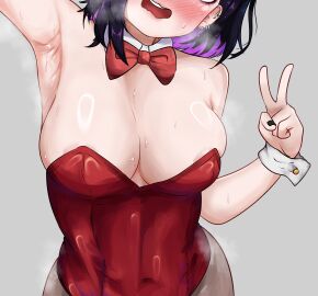 1girls armpits black_hair breasts bunnysuit cleavage collar embarrassed female indie_virtual_youtuber open_mouth purple_hair rainhoe red_bunnysuit ribbon sachiihappy selfie sweat sweatdrop sweating sweaty v virtual_youtuber vtuber wet_skin