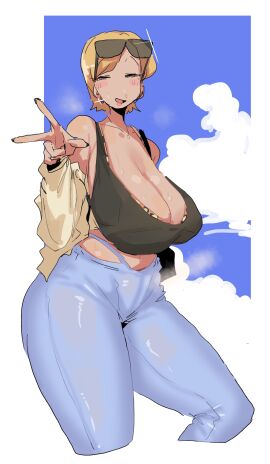 1girls bangs black_tank_top black_topwear blonde_female blonde_hair blue_leggings blue_legwear blue_tights breasts cleavage dark-skinned_female dark_skin earrings female hip_vent large_breasts leebongchun leopard_print leopard_print_bra long_sleeves mature mature_female milf narrowed_eyes necklace off_shoulder off_shoulder_sweater open_mouth original original_character peace_sign sagging_breasts shiny short_hair skindentation sky sky_background slit_eyes solo sunglasses sunglasses_on_head swept_bangs thick_thighs thighs v wide_hips