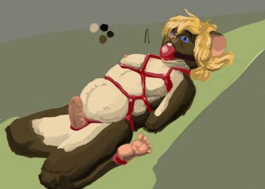 2011 anthro arms_tied ball_gag balls blonde_hair blue_eyes bondage bound brown_body brown_fur colored erection feet feet_tied fur gag gagged genitals green_background green_balls grey_background hair hands_behind_back humanoid_genitalia humanoid_penis jeri_kleinlowe lying male male_only mammal mouse murid murine nipples nude nude_male on_back penis pink_nipples pink_penis red_ball_gag restraints rodent rope rope_bondage simple_background solo tan_balls tan_body tan_fur