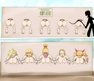 artist_request ass ass_focus bare_ass bare_breasts barefoot big_breasts blonde-haired_female blonde_hair bondage bound breasts captive celestial_dragon defeated_villainess domino_(one_piece) female female_only femsub kalifa kalifa_(one_piece) multiple_females multiple_girls naked naked_female nude one_piece orange-haired_female orange_hair painful pricelist sadi-chan saint_shalria stationary_restraints stuck_in_wall stussy_(one_piece) tenryuubito through_wall tinted_eyewear wall whipping