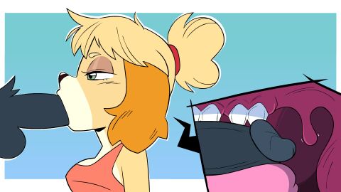 2024 animal_crossing animated canid canine canis domestic_dog duo fellatio female female_penetrated fur furry genitals green_eyes humanoid_genitalia humanoid_penis inside_mouth internal internal_fellatio internal_oral isabelle_(animal_crossing) lecigzz male male/female male_penetrating male_penetrating_female mammal nintendo no_gag_reflex oral penetration penile penis penis_on_tongue penis_pushing_uvula sex solo_focus tongue uvula yellow_body yellow_fur