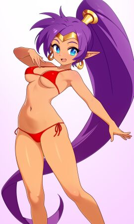 1girls absurd_res absurdres big_breasts bikini bikini_bottom bikini_top blue_eyes bottomwear breasts cleavage dullahan_(alekey_art) ear_piercing earrings female female_only hair high_resolution highres hoop_earrings legs pointy_ears ponytail purple_hair red_bikini shantae shantae_(character) smile solo solo_female swimwear thighs tied_hair topwear