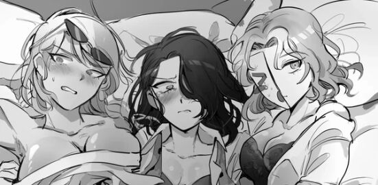 3girls bed black_and_white blush blush_lines blushing bra button_down_shirt curly_hair danganronpa danganronpa_another fanganronpa female female_only gema_(artist) genderswap genderswap_(mtf) greyscale hair_over_one_eye lying lying_on_back lying_on_bed makunouchi_hajime mask monochrome multiple_females multiple_girls one_eye_covered one_eye_obstructed rule_63 sannoji_mikado sdra2 sunglasses sunglasses_on_head super_danganronpa_another_2 sweat tagme tears yomiuri_nikei