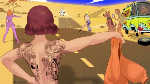 canid canine canis casual clothing daphne_blake domestic_dog female feral fred_jones group hitchhiking human jeffrey_epstein male nonsexual nonsexual_nudity pale_skin philtomato public scooby-doo scooby-doo_(character) shaggy_rogers sweet_tooth tattoo thumbs_up twisted_metal unworn_clothes velma_dinkley