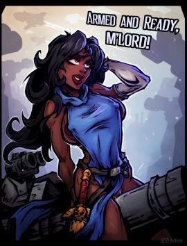 adepta_sororitas apron_only belt belt_buckle big_breasts black_hair blue_background blue_sky breasts brown_eyes cannon dark-skinned_female dark_hair dark_nipples dark_skin female grinding long_gloves pussy pussy_juice pussy_peek sister_of_battle sword tank text veracity_(wogsethan) warhammer_(franchise) warhammer_40k white_gloves zulidian