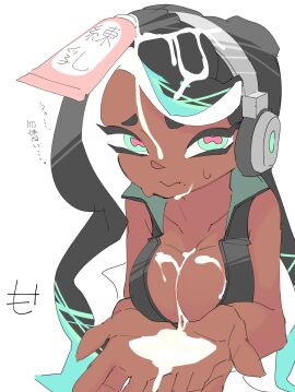 breasts cephalopod_eyes cleavage clothed clothing cream crop_top crop_top_jacket cum_drip cum_on_breasts cum_on_hair cum_on_hand cum_on_hands cupping_hands dark-skinned_female dark_skin female gradient_hair green_eyes green_hair headphones looking_at_viewer marina_(splatoon) mocamocaink nervous octoling sexually_suggestive simple_background splatoon splatoon_2 suggestive suggestive_fluid sweat white_background zipper
