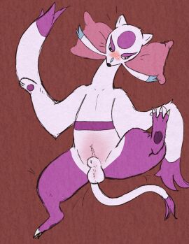 absurd_res amoriashop animal_genitalia balls belly blush claws generation_5_pokemon genitals hi_res lying male markings mienshao nintendo on_back pillow pokemon pokemon_(species) presenting purple_body sheath solo spread_legs spreading