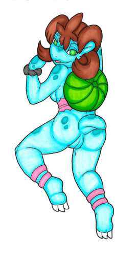 3_toes after_transformation alternate_species anthro aroused aroused_face aroused_smile ass bare_shoulders barefoot bedroom_eyes big_breasts blue_body blue_skin bottomless breasts brown_hair bulb bulbasaur claws clothed clothing elemental_creature enjoying eyelashes feet female flora_fauna generation_1_pokemon genitals green_eyes hair ivanks looking_at_viewer lying medium_hair mostly_nude narrowed_eyes nintendo no_pupils on_front open_mouth pink_clothing pink_shirt pink_topwear plant pokemon pokemon_(species) pokemon_transformation pokemorph post-transformation presenting presenting_hindquarters presenting_pussy pussy rear_view scrunchie seductive shauna_(pokemon) shirt short_hair short_tail simple_background snout solo species_transformation spots tail thick_thighs toes tongue topless topwear torn_clothing torn_shirt torn_topwear transformation white_background white_claws