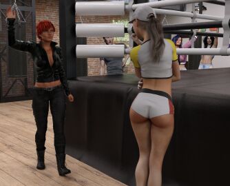 1boy 3d 4girls ass baseball_cap blonde_hair cb1964 female male multiple_females multiple_girls original ponytail red_hair short_hair shorts